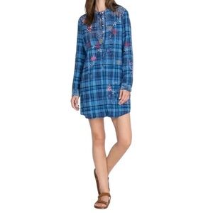 Johnny Was Workshop XS Carmen Blue Plaid Henley Embroidered Oversized Fit